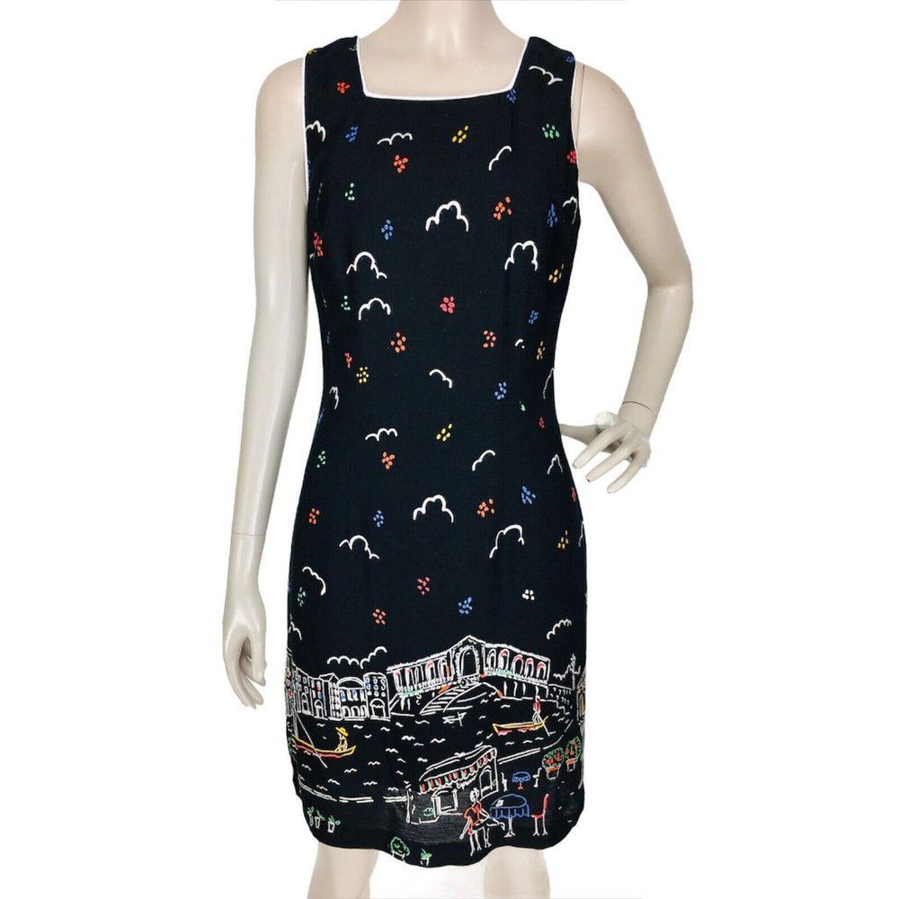 Vintage 90s French Riviera Travel Village Scene Sleeveless Rayon Dress Size 6